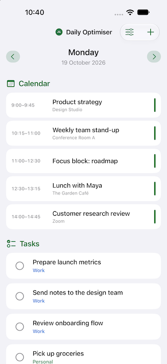 Daily Optimiser showing the day plan